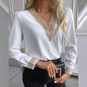 Women's Blouses Blusas Autumn Lace Long Sleeve Shirt Women Tops Solid V Neck Embroidery Blosues Casual Satin Silk Chiffon Shirts 15777