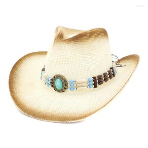 Berets Brown Pray Paint Plain Straw Straw Cowboy Hats with Hatnic Hatband Decor Men Women Wide Brim Beach Sunhat Sunhad