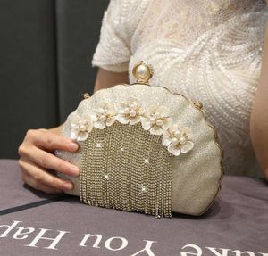 Evening Bags 2023 Seashell Clutches Bag Women Rhinestones Tassel Pearl Flower Purses Handbag Metal Chain Shoulder Female Party Clutch