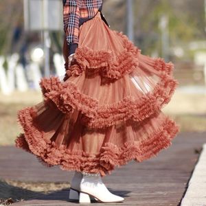 Skirts Harajuku Cute Women Pleated Long Cake Skirt 2023 Fairy Princess PInk Layers Ruffles Mesh Ball Gown SkirtSkirts