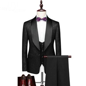 남자 양복 블레이저스 패션 블랙 플로럴 남성 3 조각 신랑 맨 웨딩 턱시도 남성용 2023 숄 라펠 형식 프로 프롬 슈트 (재킷 바지 v