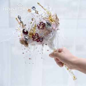 Hochzeitsblumen HIMSTORY Luxuriöser Blumenstrauß mit goldenen Kronen und Federn, handgefertigt, Kristall, Brautschmuck