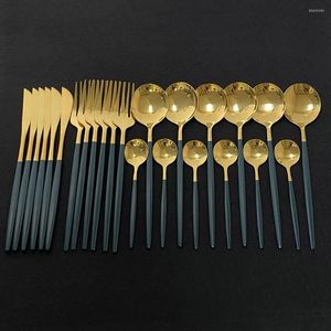 Conjuntos de utensílios de jantar 24pcs Calhas de ouro verdes Conjunto de ouro espelho Dinnenrware Aço inoxidável Falhete de talheres Faca colher de colher para casa