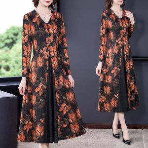 Casual Dresses Ethnic Style Autumn Dress Women Elegant Plus Size Long Sleeve Fashion Retro Leaf Print Spliced ​​Female Vestidos Robes M1039