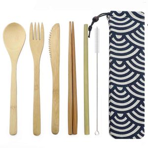 Dinnerware Sets 7pcs/set Portable Travel Cutlery Set Wooden Bamboo Eco-Friendly Outdoor UtensilsWith Pouch