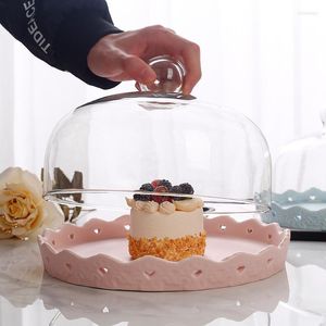 Teller im europäischen Stil, Kuchentablett, Keramik-Dessertteller mit Deckel, transparentes Glas, Bäckerei, Brot-Display, rund