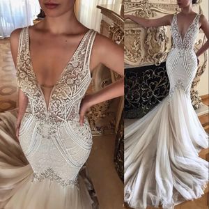 Designer Mermaid 2023 Wedding Dresses Bridal Gown Pearls Crystals Beaded V Neck Tulle Lace Applique Ruffles Custom Made Vestidos De Novia Plus Size estidos