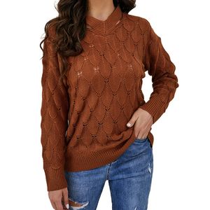 Crewneck Pullover Casual Acrylic Women's Sweaters Lämnar mönsterblus Toppar med Lady Natural Color Regelbunden längd ihålig utskjuten virkning långa ärmar