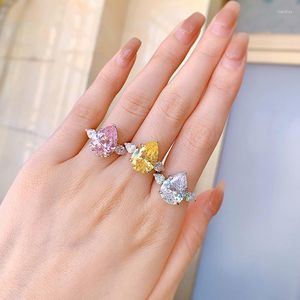 Fedi nuziali Fidanzamento Argento puro ad alto tenore di carbonio Forma di goccia Simulazione Anello di diamanti rosa bianco giallo Pera Taglio brillante Gioielli di moda