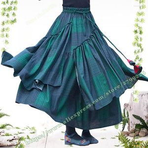 Kjolar 2023 Spring Female Retro Casual Rural Style Cotton and Linen Green Plaid Floral Ladies Pleated Asymmetrical Long Women