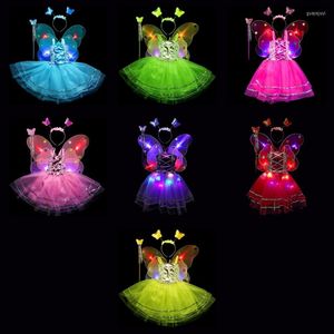 Kläder set barnflickor fairy cosplay costume set metallic ärmlös tutu klänning led fjäril ängel vinge trollband pannband fancy upp 4st