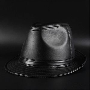 Breda randen hattar högkvalitativa äkta fårskinn läder herr fedora för gentleman jazz pappa hatt storlek58 cm med bra paket
