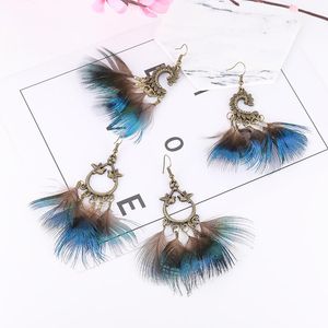 Stud Earrings Retro Ethnic Style Geometric Drop-shaped Hollow Round Pendant Long Color Feather Tassel Female Fashion Jewelry