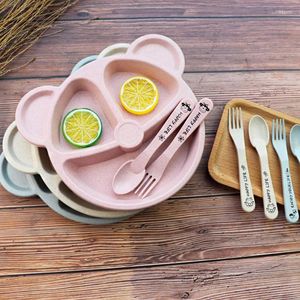 Flatware Sets Baby Bowl Spoon Fork Feeding Tableware BPA Free Cartoon Bear Kids Dishes Eating Dinnerware Set Anti- Training Plate