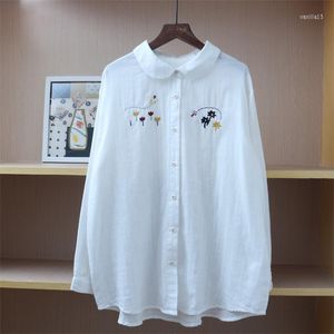 Blusas femininas de lapela cor de algodão sólido camisa de manga longa simples estilo de outono de gaze bordada branca puffy