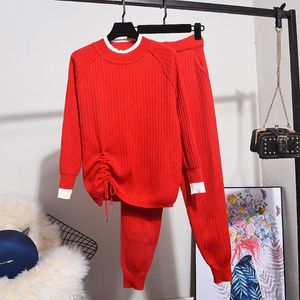 Frauen Zwei Stück Hosen 2023 Winter Herbst Gestrickte Set Frauen Langarm Top Fuß Anzug Für Lose Tragen Damen sets