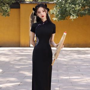 Etnik Giyim İnce Siyah Satin Qiapo İnci Vintage Düğmesi Vestidos Çin Geleneksel Mandarin Yakası Elbise Zarif Nakış Cheongsam