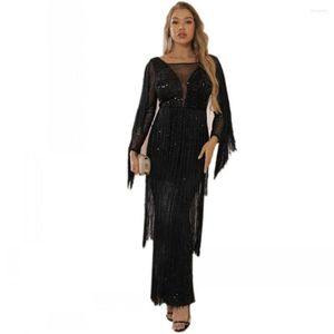 Casual Dresses Ladies Long Sleeve Dress 2023 Fashion Round Neck Sequined Tassel High Waist Slim Pack Hip Bridesmaid