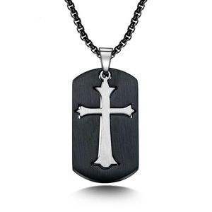 Pendant Necklaces Black Silver Color Cross Necklace Dog Tag For Men Boy Religious Christian Payer Jewelry Long Chain Link 24''