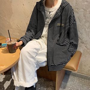 Herrtröjor 2023 Autumn and Winter Youth Korean Striped Loose Hooded Sports Cardigan Fashion Casual Top Black/White M-2XL