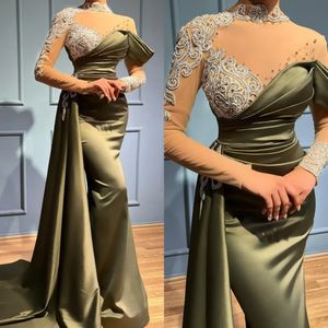 Sheer Long Sleeves Satin Mermaid Evening Dresses 2023 High Neck Beaded Diamonds Ruched Sweep Train Formal Party Dress Prom Gowns BC14856