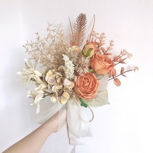 Düğün Çiçekleri Sesthfar Vintage Turuncu Buket Okaliptüs Şakayık Sahte Yapay Sonbahar Gelin