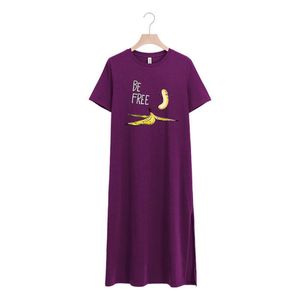 Abiti casual 94% cotone da donna divertente banana stampata manica corta ampia apertura laterale abito lungo estivo coreano maxi vestido