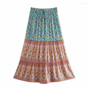 Skirts Women Bohemian Style Print Skirt Pleated Polyester Knee-Length Banquet Prom Gown Spring Summer Casual Loose Nightdress Home Wear