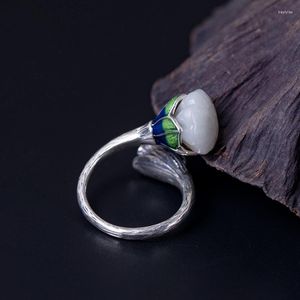 Cluster Rings 925 Sterling Silver Jade Retro Ring For Women Chinese Style Thai Cloisonne Lotus Pod Adjustable Open Jewelry JZ058