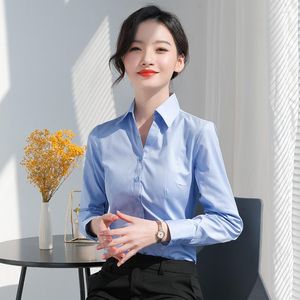 Damenblusen, koreanisches professionelles weißes Business-Hemd, langärmelig, Frühling, Stehkragen, eleganter formeller Anzug, Arbeitskleidung