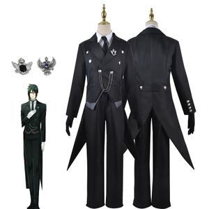 Costumes de anime Butler preto Sebas Sebastian Michaelis Cosplay Tuxedo Carnival Black Tailcoat Black para peruca de Halloween