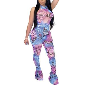 Gymkläder 2023 Fashion Tie-Dye Butterfly Women Jumpsuit Fleared Pants Strap Sleeveless Party Club Romper Sexig Backless PlaySuit Outfit