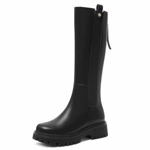Boots Women's Combat 2023 Fall High Platform Gothic Shoes Black Leather Rear Zipper Knee