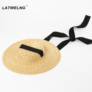 Chapéus de aba larga chapéu de palha de atacado para mulheres longas fitas de fita de praia vestido de moda de verão Visor Caps Dro