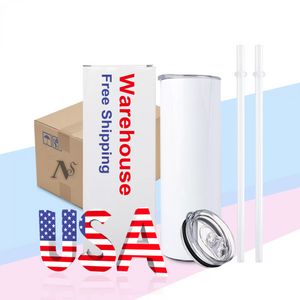 USA Warehouse Sublimation Tumblers Blank 20 oz White Straight Blanks Heat Press Mug Cup With Straw 2 Days Delivery ss0125