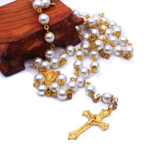 Anhänger Halsketten 8mm Katholischer Rosenkranz Metall und Perlen Halskette Schmuck Religiöse Perle Gesegnet Jesus Kreuz Männer Frauen Geschenke