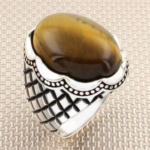 Cluster Rings Oval Brown Tiger Eye Stone Silver Ring Vintage Men With Diamond Pattern Made In Turkey Solid 925 Sterling