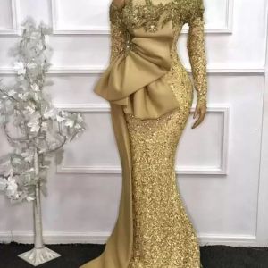 Elegant afrikanska långa ärmar spetsar sjöjungfru aftonklänningar guld se genom full ärmar pärlor prom klänningar mantel de soiree bc11139