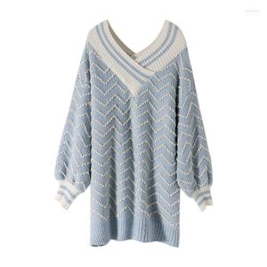 Women's Sweaters Hsa Women Low V Neck Sexy Big Striped Wave Long Pull Sweater Lantern Sleeve Cashmere Femal Korean Jumper Mari22