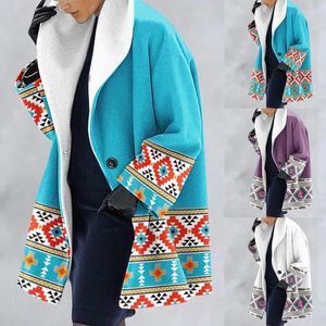 Women's Wool & Blends Retro Ethnic Style Geometric Print Woolen Coat Long-sleeved Loose Fashion Jacket Women Open Cardigan Outwear Casaco Fe
