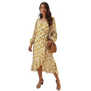 Casual Dresses Fashion Women Autumn and Winter Sexig långärmad blommig chiffong Boho Party Vintage Print V Neck Maxi Dress