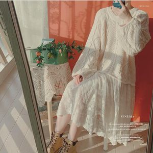 Casual Dresses Japanese Sweet Mori Girl Cottagecore Autumn Winter Dress Lace Wool Knitting One-piece For Women Loose Wide Sweater