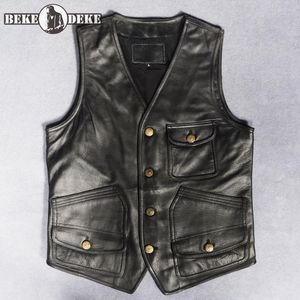 Herrvästar vintage motorcykel väst herrar kohud äkta läder ärmlösa jackor v hals singel breasted waistcoat punk stil