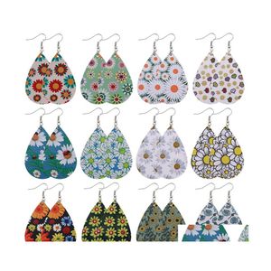 Dangle Chandelier Fashion Waterdrop Shape Colorf Flowers Print Pu Leather Earrings Est Design Teardrop For Women Girls Jewelry Dro Dhkio