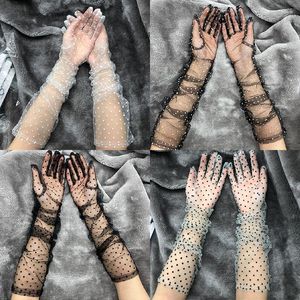 Knee Pads Long Polka Dot Full Finger Mittens Semi Sheer Lace Tulle Gloves Mesh Gauze Ultra Thin Women Bride Wedding Golves