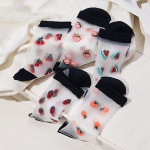 Women Socks France Design Transparent Crystal Funny Peach Cherry Pineapple Watermelon Novelty Harajuku Silk Tide Sokken