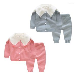 Giyim setleri bahar sonbahar doğumlu bebek kız kıyafetleri 2 adet uzun kollu patchwork örgü palto pantolon erkek kıyafet takım elbise