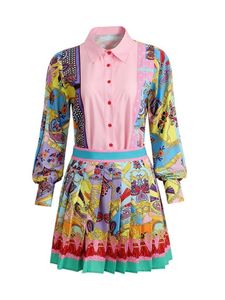 Костюм с двумя частями женский модный платье с плиссированным платьем набор мини-юбки и рубашка летние роскошные звездочные печати банкетные платья y009