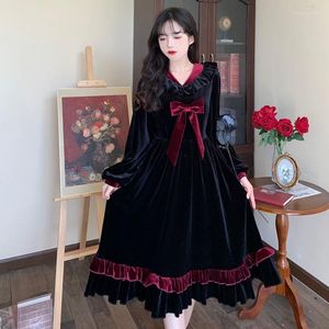 Sukienki swobodne Coolfel Słodka łuk świąteczna dziewczyna księżniczka sukienka jesień/zima aksamitna lolita cosplay czarny