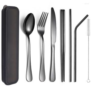 Dinnerware Sets 8pcs Stainless Metal Reusable Travel Camping Cutlery Set Straight Bent Drinking Straw With Case Cleaning Brush Gift Box